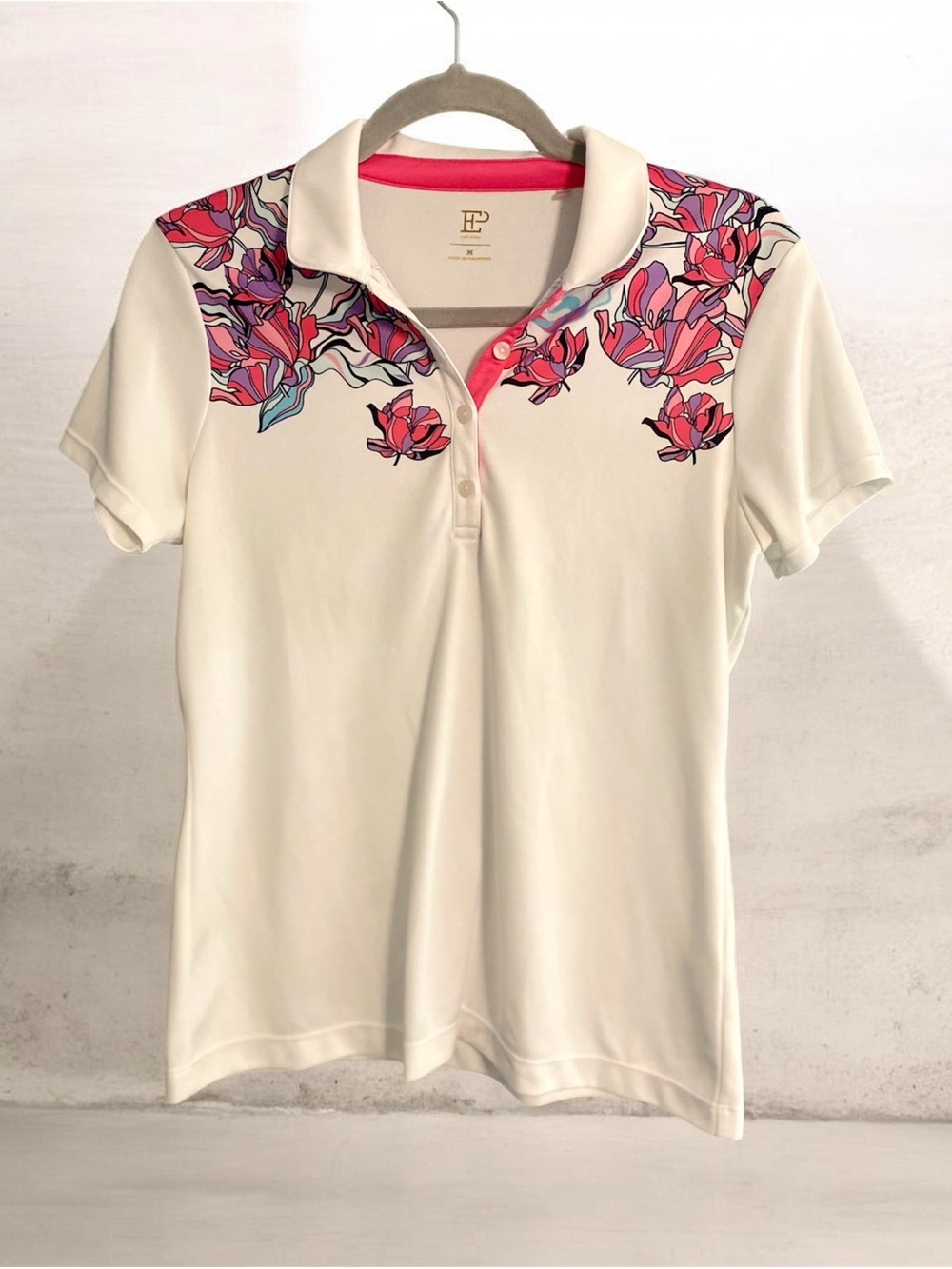 EP New York White Polo Golf UV Short Sleeve Pink & Purple Floral Shirt Sz M